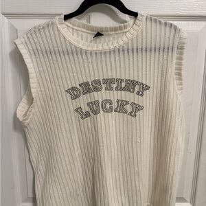White Sleeveless Ribbed Top with 'Destiny Lucky' Print